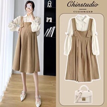 Pregnant Woman One-piece Dress Spring Dress Jacket Fashion Net Red Gestation Woman Dress Spring Autumn Style New Superior Sense Braces Skirt