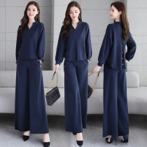 Fashion set women wide leg pants spring and autumn 2021 New thin foreign style goddess fan Yujie knitted two-piece pants