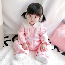 Newborn baby jumpsuit autumn and winter clothing thickened 100-day banquet female baby full moon 100 days Princess warm winter