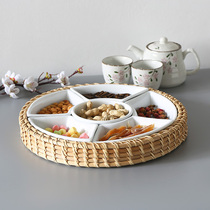 Kens round rattan tray tray ceramic dried fruit box suit fruit tray parquet sector