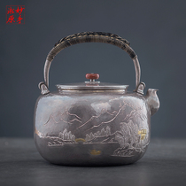 Wonderful hand Songyuan handmade silver pot Sterling silver 9999 kettle Japanese craft retro silver pot Silver tea set boiled tea