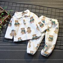 Childrens warm pajamas set Boys winter clothes thickened flannel home clothing baby plus velvet two-piece set