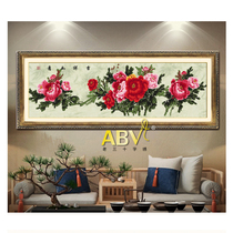 ABV Old Three Cross embroidered pure cotton Precision printed color embroidered cloth Flower horizontal version Living room Peony auspicious Ruyi