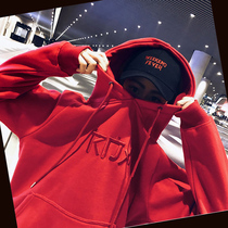 Tide brand 2021 autumn new womens red ins Super fire top thin sweatshirt hooded bf loose coat