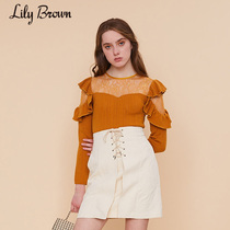 Lily Brown Spring and Summer Sweet See-through Lace stitching ruffle sweater LWNT191009