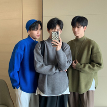 Hualun winter solid color split half turtleneck sweater mens long sleeve Korean version trend green base knit shirt thread gown