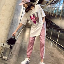 Tide brand 2021 loose half sleeve leg pants bf wind cotton set female summer new Korean fashion students two-piece set