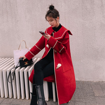 Red navy collar woolen coat female middle length 2021 new autumn and winter college style Japanese woolen coat