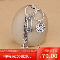Pure silver 925 retro made of old trend personality male and female cross current Sear nail smiling face Star round Stars Necklace