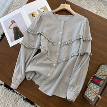 Early Spring New ins style French romantic wooden ear custom dyed stripes bubble sleeve round neck shirt shirt