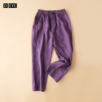 Linen 90% Pants Woman Summer Thin style casual High waist tightness waist cotton linen pants purple linen Middle-aged Mama Pants