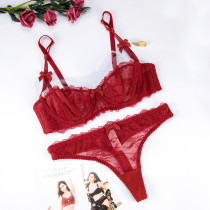 Ultra-thin half-cup bra Benming year transparent bra see-through small chest underwear panty set thong sexy lace