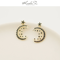 Mysterious Fairy Baroque five-pointed star stars Moon Black zircon stud earrings painless no ear pierced ear clip female