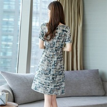 Dress summer Hangzhou silk round neck print fashion comfortable short sleeve simple medium and long