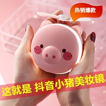 Douyin with the same piggy makeup mirror with light fan mini USB charging portable LED folding beauty mirror