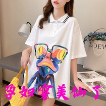 Online Red Pregnancy Womens Dress Short Sleeve T-Shirt Woman Xia Hans Version Loose Foreign Gas Medium Long Dolls Turning Polo Shirt Tops