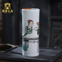 Hand-painted ancient color for Qingtu beauty Wenfang Sibao brush barrel handmade Jingdezhen character pen holder ornaments