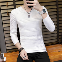 2019 spring new V-neck sweater mens thin slim pure white knitted base shirt youth autumn mens clothing