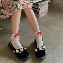 LET ME SEE summer thin bow hole socks girl sweet Japanese hollow love short tube socks