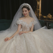 Main wedding dress 2021 New thin simple plus size one shoulder bride pregnant woman temperament Super fairy dream Starry Sky tail