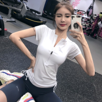 Fitness girl half zipper sports short sleeve slim T-shirt summer yoga suit running stretch tight quick dry top