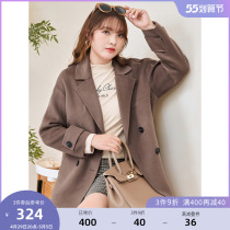 (Qingkura RMB400 ) Large code Female Dress Micro Fat Younger Sister Winter Clothing Korean tie Double Row Buckle Wool Bifacial Hair Coat