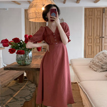 The more you look at the age of the small bow short sleeve dress womens summer V-neck high waist temperament skirt