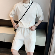 Ice silk one suit mens summer new crimp short sleeves paired with 50% pants ruffles handsome two sets of youth boomers full body