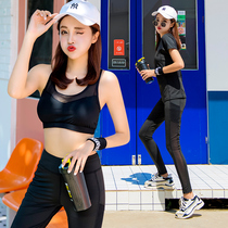 Mesh splicing fashion fitness suit suit Womens summer gym sports suit Korean running yoga suit three-piece set