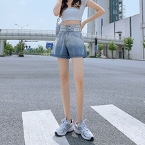 Gradient ultra-high waist denim shorts womens summer thin high waist thin wide legs loose a-shaped hemline hot pants ins tide
