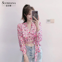 2021 summer new female short French pink floral V-neck shirt lace-up jacket Ju Jingyi with Yu Shuxin