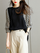 Shirt Woman New 2022 Spring Korean version loose Lean Bump Color Splice Stripe Middle Sleeve 100 Hitch Snowspun Blouse
