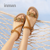 Inman sandals female 2021 New flat base shoes Joker leather vintage fairy style handmade flower sandals