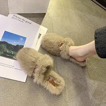 Tide Card Mesh Red Hairy Slippers Women Autumn Winter Outwear 2021 New Fashion 100 Hitch Lazy Person Baotou Flat Bottom Half Slippers