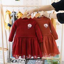 Fall winter with a new round-collar long-sleeved girl dress Flower splicing knitted net princess skirt