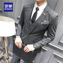 Romon gentleman plaid suit suit suit suit men business casual dress slim handsome groom wedding suit dress