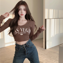 Sexy beating undershirt woman autumn winter 2021 new body low collar collarbone letter blouses short open-air long sleeve t-shirt