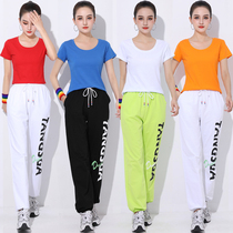 New square dance aerobics sportswear candy color up and down suit pants drag dance solid color cotton short sleeve recommended