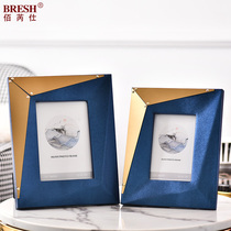 Light extravagant modern minimalist gold metal inlaid blue leather 6 inch 7 inch table photo frame with soft adornment