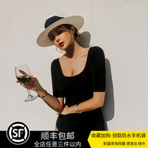 INS Small Red Book Sexy Conjoined Brief Retro Truffle Back Resort Swimsuit Woman Half Sleeve Conservative Conspiculean Spa Swimsuit