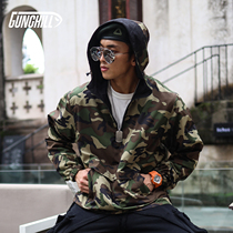 GUNCHill 2021 Spring new mens camouflaged double face wearing even cap submachine clothing retro casual big pocket jacket