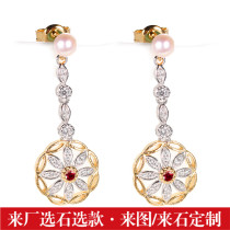 Jeweler natural ruby earrings with pearls 18K gold inlay natural colored gem earrings female