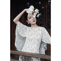 Original National Style series half moon spin retro buckles small cloak ruffle cheongsam dress