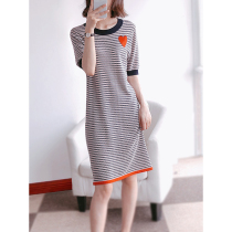 French niche dress femininity Short-sleeved round neck love stripe belly cover thin summer ice silk knitted skirt