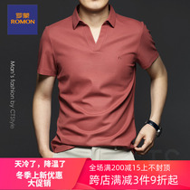 Romon summer mercerized cotton mens V-neck short sleeve T-shirt cotton lapel half sleeve Ice Silk polo shirt trend business