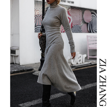 Z boss high neck Raglan sleeve slim dress Wool stripe stitching large skirt fishtail skirt for women