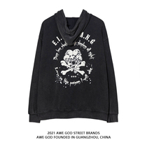 AWE GOD American retro old washed hooded cardigan plus fleece sweater mens and womens autumn and winter loose ins tide jacket