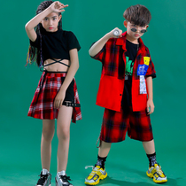 Childrens hip-hop suit Boys short-sleeved jazz dance drum set Hip-hop hiphop performance suit Korean version of the tide suit