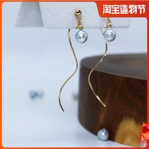 Gray true hemp Baroque pearl curve ear clip temperament rear hanging style painless decoration Jiajia earrings