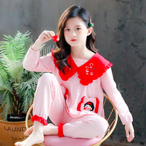 Girls pajamas 2021 spring and Autumn cotton long-sleeved thin childrens air conditioning suit set girls middle and large childrens home clothes
